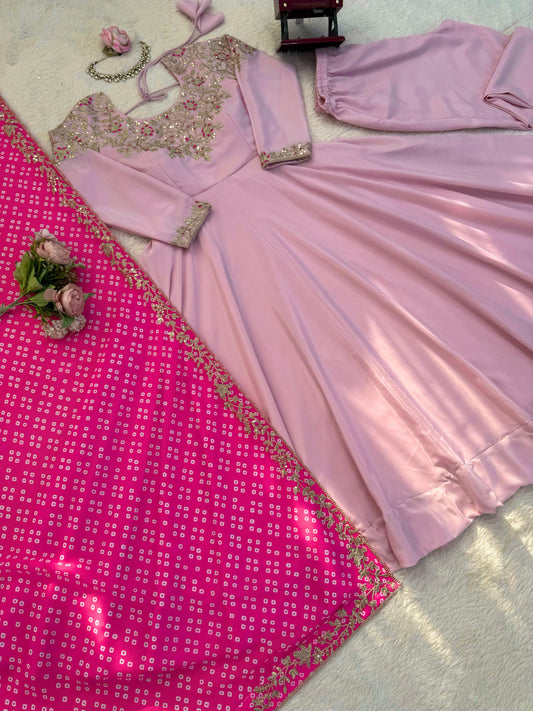 Beautiful Natural Crep Silk Work Gown