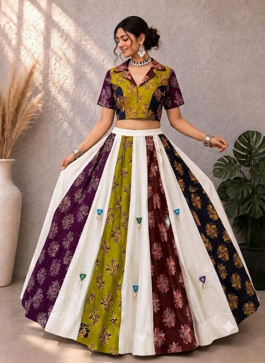 Navratri Special Collection Ajrakh With Khadi Cotton Mirror Work With Real Shells Lehenga With Stitched Choli
