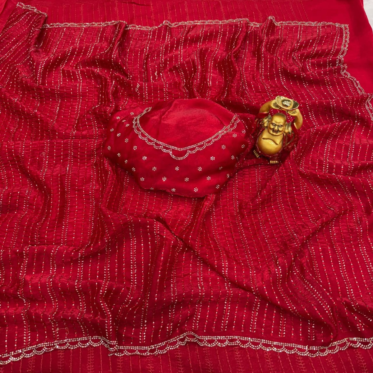 Party-wear Fendy Satin Bead & Handwork With Zarkhan Border Saree