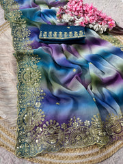 Beautiful Multi Color Georgette Work Saree