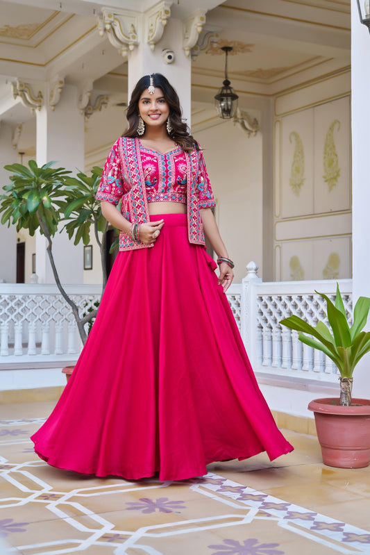 Festival Pure Vichitra Embroidery Thread Work Stitched Lehenga With Koti
