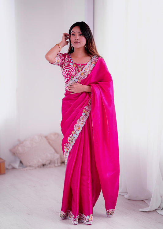 Trending Pink Jimmy Choo With Embroidery Thread & Coding Work Saree