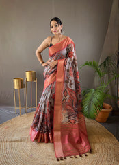 Hand Painted Feel Kalamkari Print Tussar Silk Saree