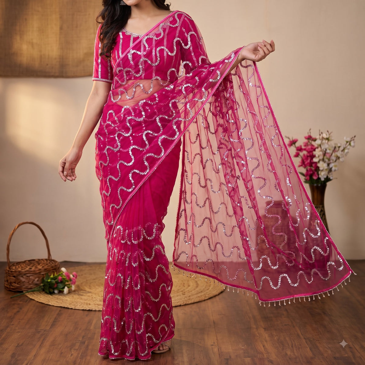 Party-wear Soft Net Real Beads With Moti Work Saree