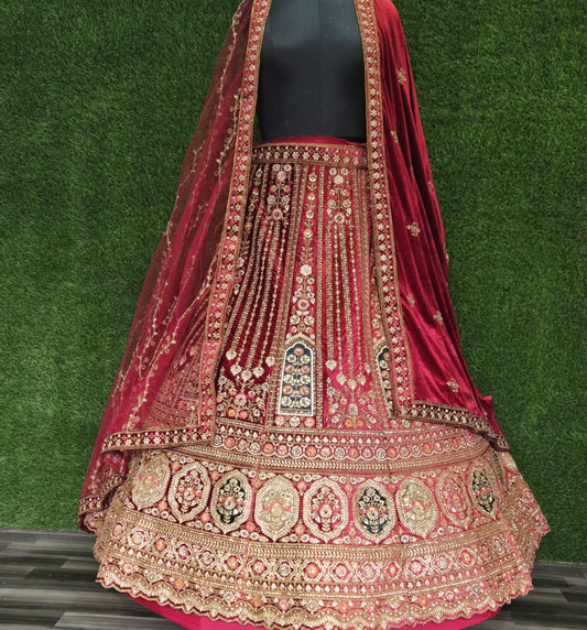 Red Heavy Silk Velvet Patch Work Cutting Pasting Zarkan Diamond Work Double Cancan Dulhan Bridal Lahenga