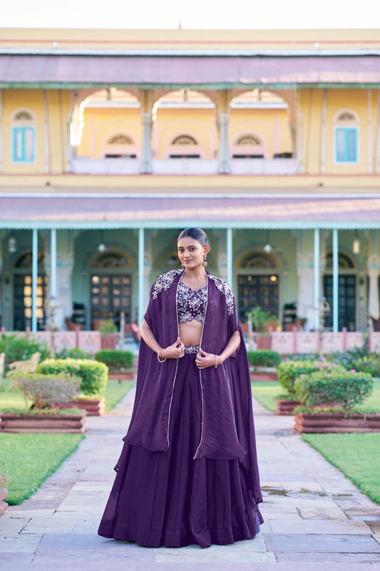 Stylish Indo Western Fedny Silk Bead Sequence & Thread Embroidery Work Lehenga With Koti