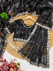 Trending Party-wear Soft Burberry Silk Embroidery & Real Mirror Hand Work Saree