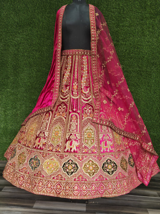 Pink Heavy Silk Velvet Patch Work Cutting Pasting Zarkan Diamond Work Double Cancan Dulhan Bridal Lahenga