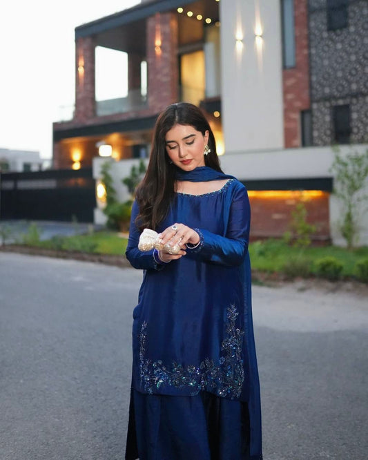 Beautiful Stylish Natural Crepe Beads Moti With Thread Work Dress