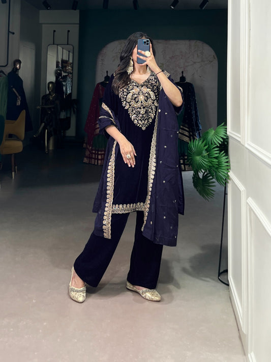 Party-wear Velvet Sequins & Thread Embroidery Work Suit