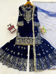 Partywear Viscose Velvet Cording Dori Embroidery with Sequin Work Suit