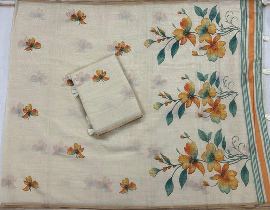 Beautiful Cream Khadi Silk Printed Saree