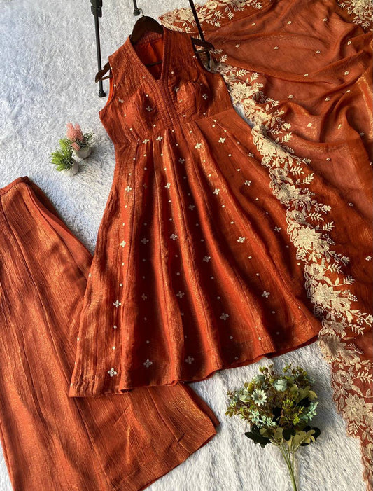 Beautiful Trendy Crunchy Silk Embroidery Work Three Piece Set