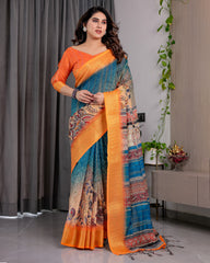 Beautiful  Pure Hand-loom Linen Digital Floral Printed Saree