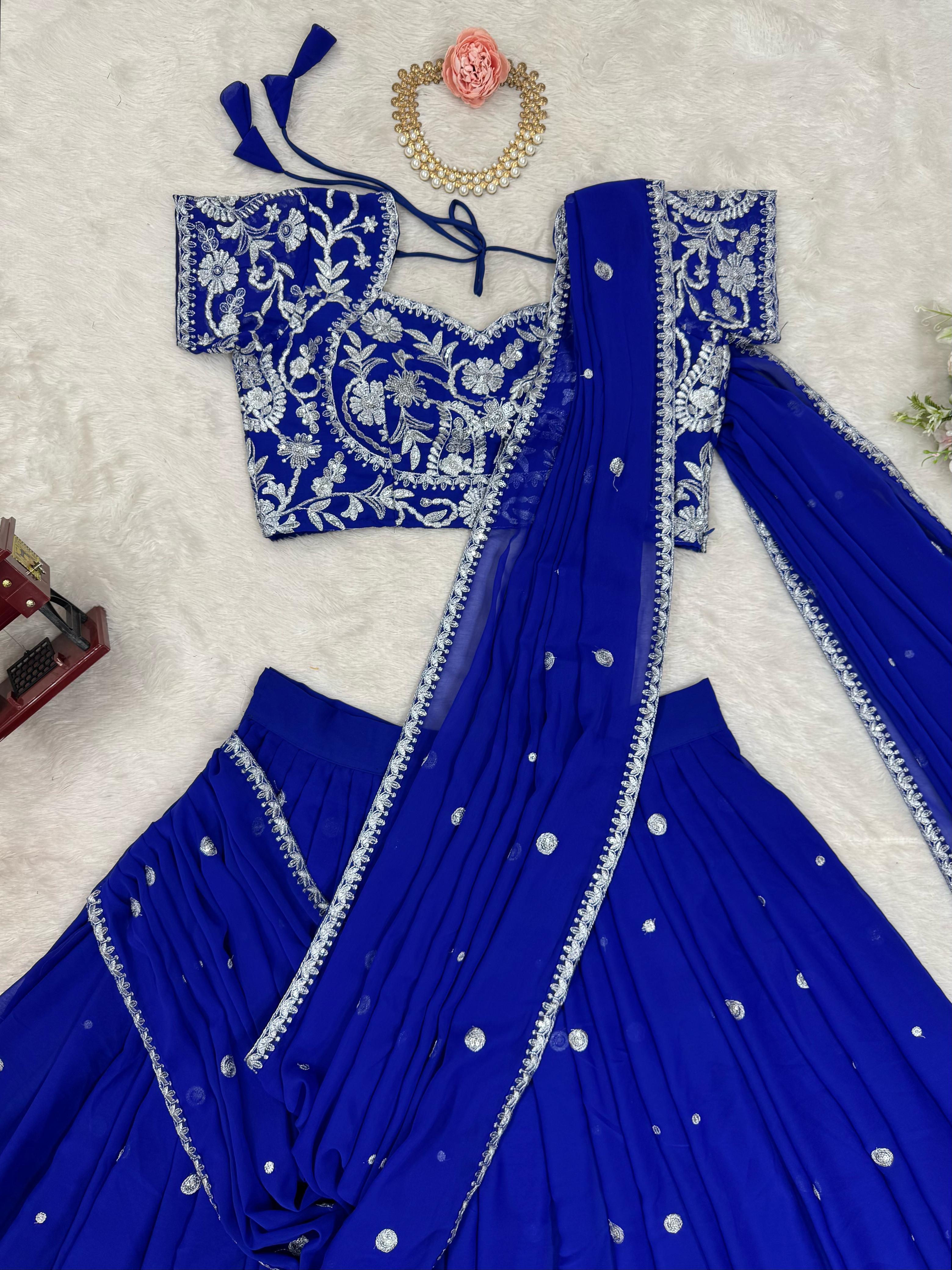 Royal Blue Georgette Thread With Sequence Ready To Wear Ruffle Lehenga Saree