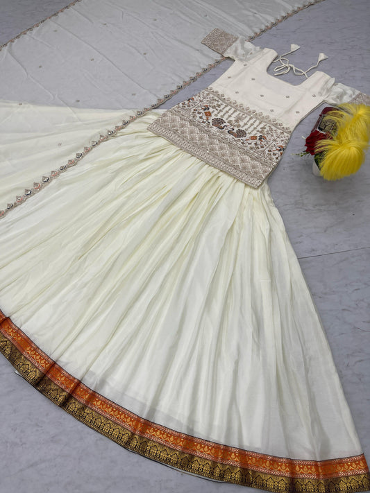 Beautiful White Chinon Silk Embroidery Thread & Sequence Work Crop-Top