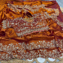 Party-wear Fendy Satin Silk Embroidery & Sequence Work Saree With Stitched Blouse