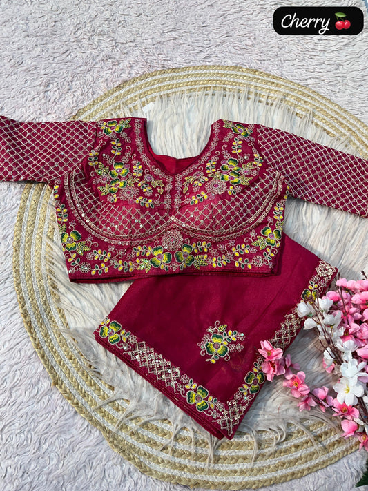 Party-wear Star Georgette Embroidery Multi Work Saree With Stitched Blouse