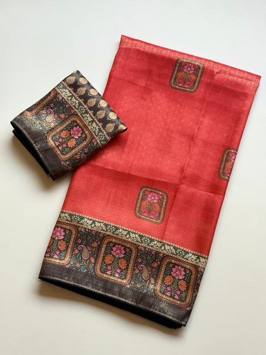 Beautiful Zari Jacquard Weaving Digital Printed Saree