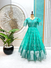 Trending Full Stitched Organza Silk With Full Flair Foil Work Gown