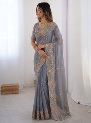 Party-wear Moss Chiffon Embroidery Cutwork Saree