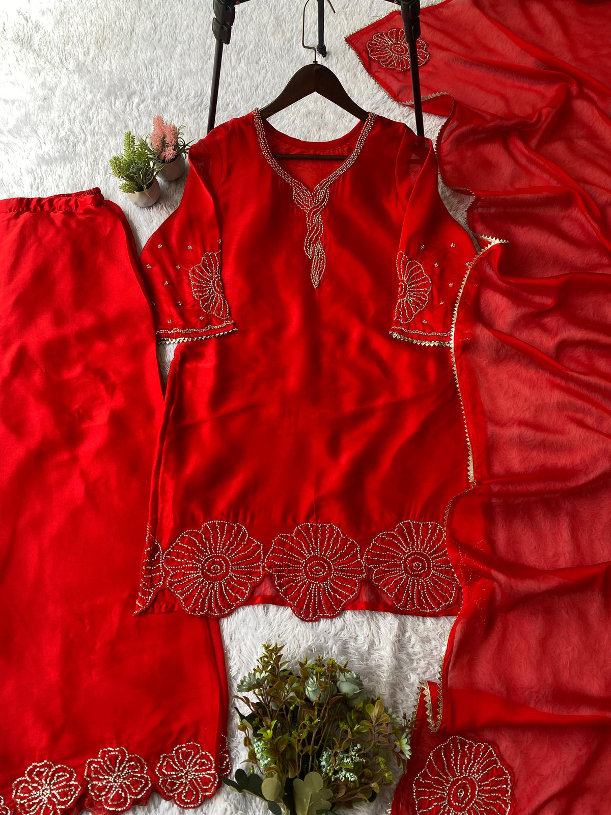 Trendy Rangoli Silk Bead Work Top Palazzo With Dupatta