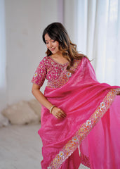 Party-wear Gold Crush With Heavy Embroidery Threads Coding Work Saree