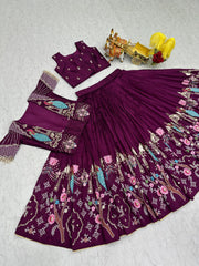 Festival Special Vichitra Silk Embroidery Thread Work Lehenga Choli With Koti