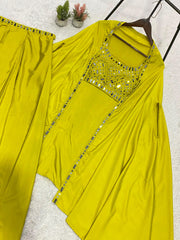 Trendy Stylish Franch Crape Real Mirror With Embroidery Work Blouse Skirt With Shrug