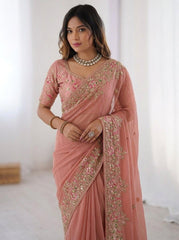 Party-wear Moss Chiffon Embroidery Cutwork Saree