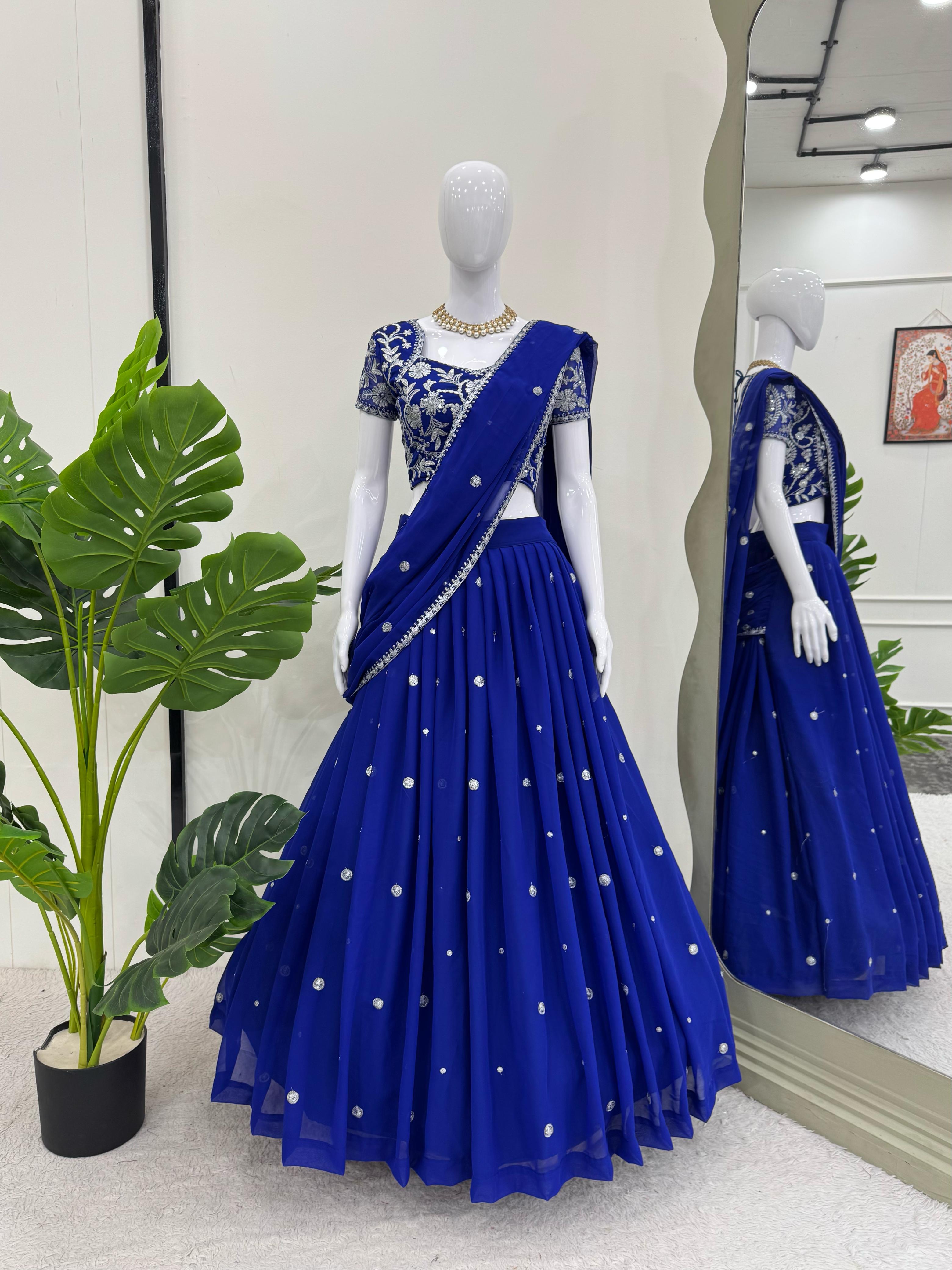 Royal Blue Georgette Thread With Sequence Ready To Wear Ruffle Lehenga Saree