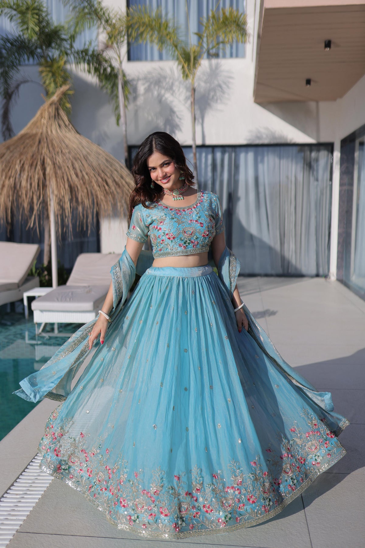 Premium Designer Fendi Silk Multi Thread Embroidery Work Lehenga Choli