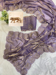 Party-wear Designer Fendy Satin Silk khatli Cut Dana Handwork Saree