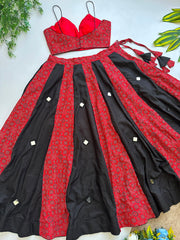 Navratri Special Ajrakh Cotton With Slub Cotton Mirror Work Lehenga With Stitched Blouse