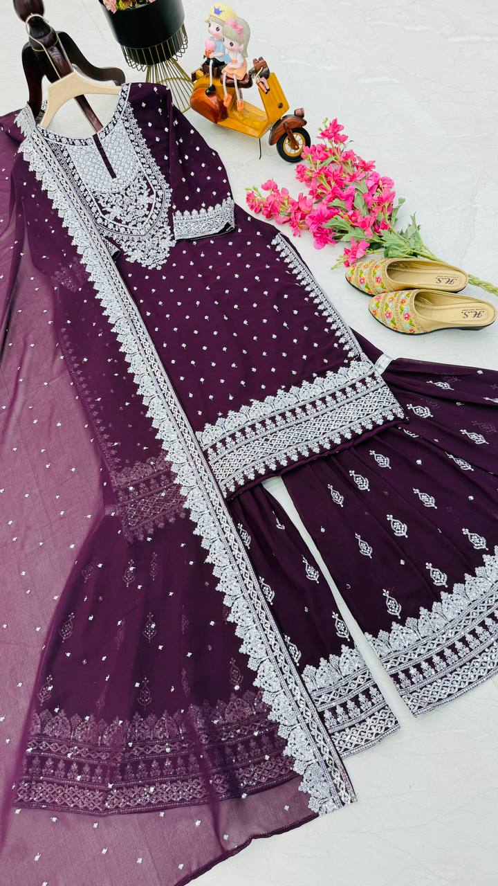 Designer Party-wear Embroidery & Sequence Work Sharara Suit