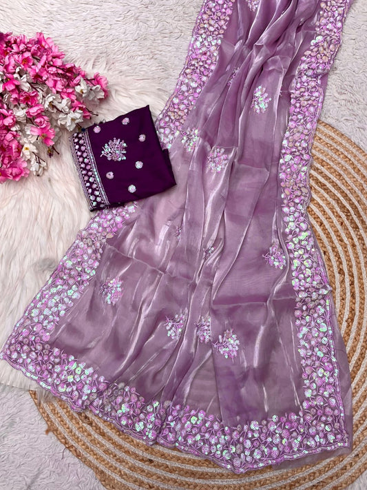 Beautiful Pure Jimmy Choo Satin Embroidery Work Saree