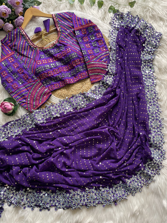 Party-wear Georgette Heavy Coding Lace Border In With Original Mirror Work Saree