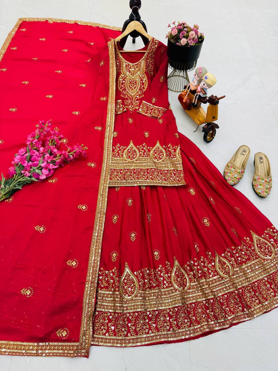 Party-wear Chinon Silk Embroidery Sequence Work Top With Lehenga