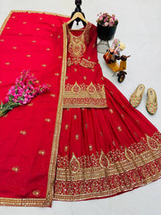Party-wear Chinon Silk Embroidery Sequence Work Top With Lehenga