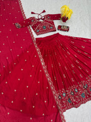 Festive Special Vichitra Silk Embroidery Thread Work Lehenga With Stitched Blouse
