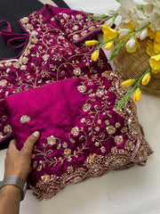 Beautiful Space Silk With Beautiful Original Golden Beads Work Saree With Stitched Blouse