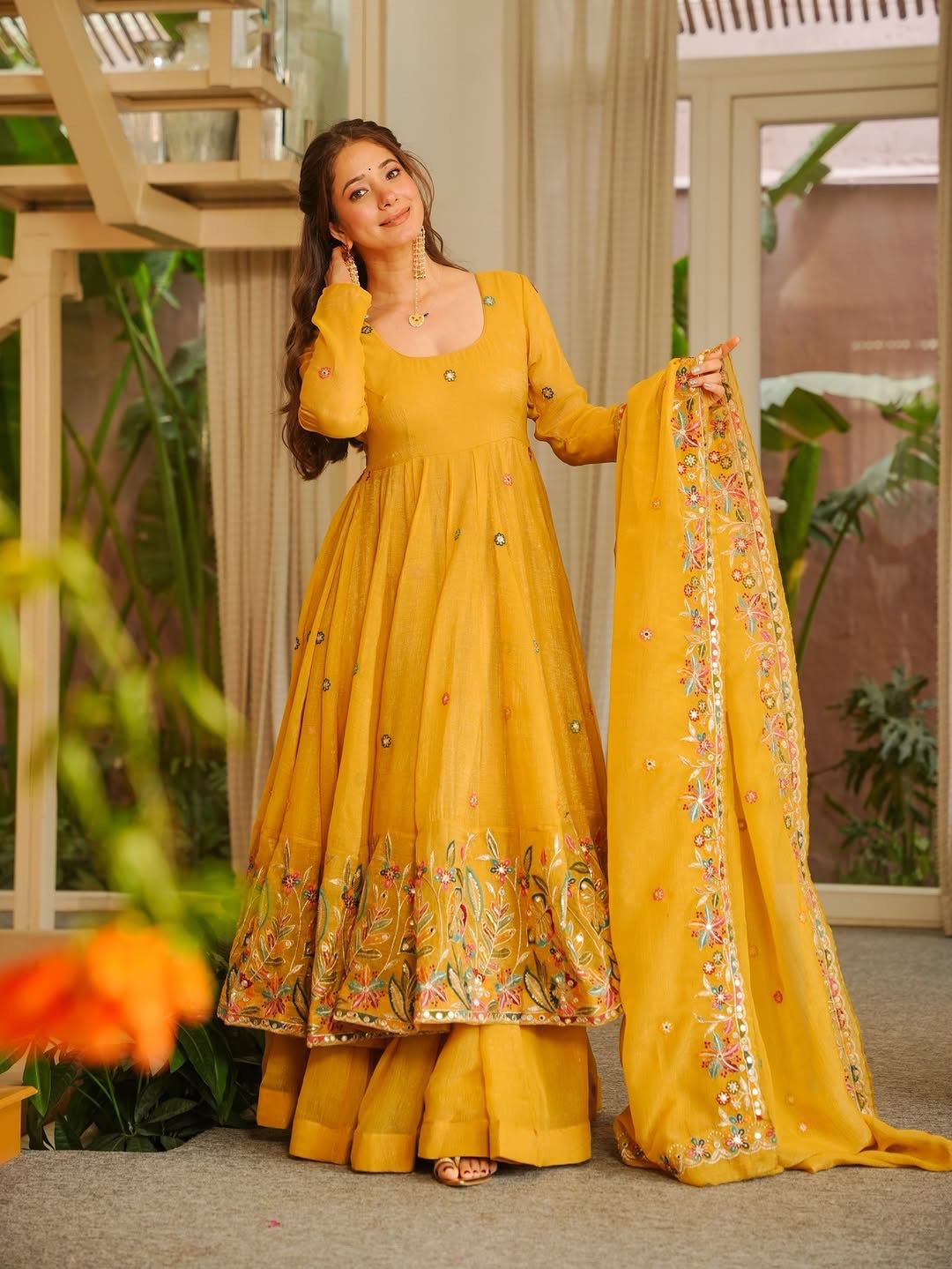 Beautiful Designer Crunchy Silk Anarkali With Palazzo Set