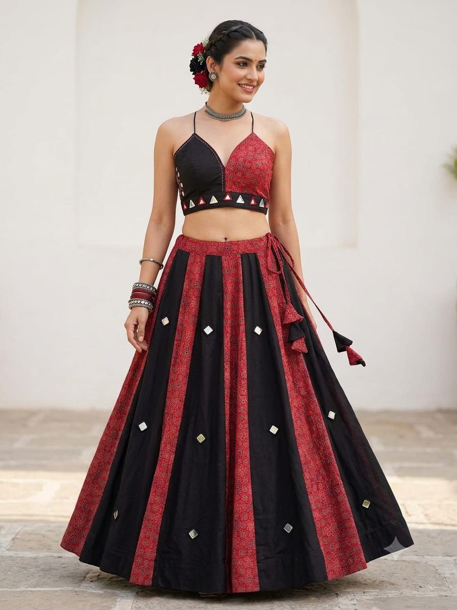 Navratri Special Ajrakh Cotton With Slub Cotton Mirror Work Lehenga With Stitched Blouse
