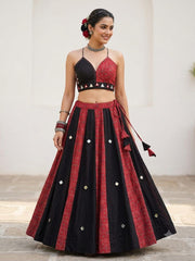 Navratri Special Ajrakh Cotton With Slub Cotton Mirror Work Lehenga With Stitched Blouse