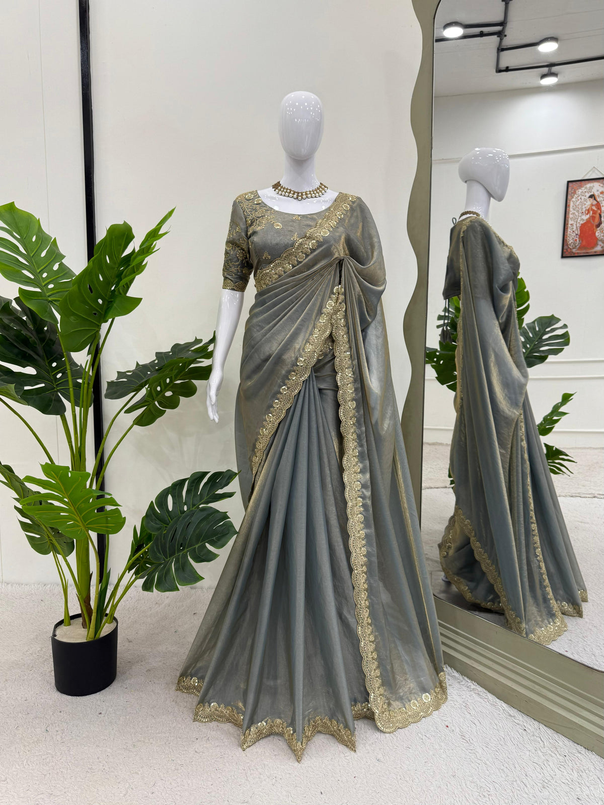 Attractive Grey Color Fendi Silk Sequence Work Saree