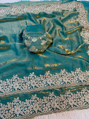 Beautiful Designer Pure Fendy Satin Silk Embroidery Border Work Saree