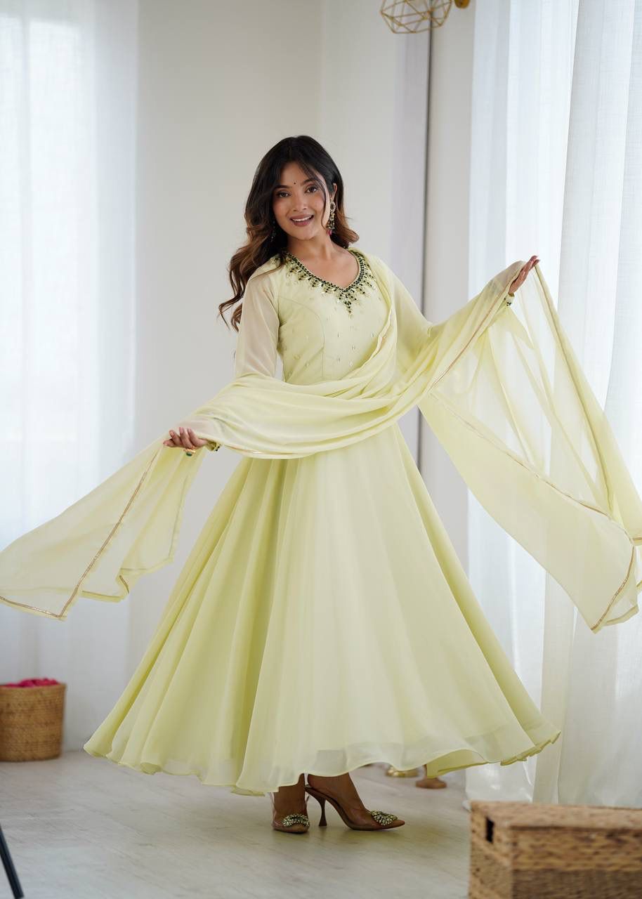 Beautiful Georgette Handwork Neck Sleeve Gown