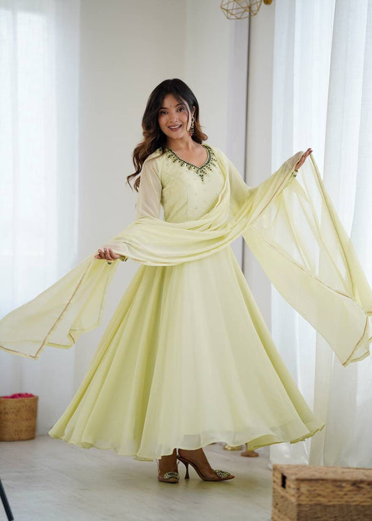 Beautiful Georgette Handwork Neck Sleeve Gown