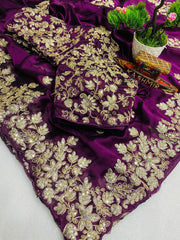 Beautiful Pure Rangoli Silk Embroidery Work Saree