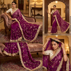 Designer Pure Space Silk Gold Beeds Work Saree